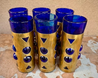 Set of Six Hand Blown Caged Tumblers Glasses Mexican Blue Glassware, Brutalist Imprisoned Style, Rustic Mexican Decor, Southwestern Decor