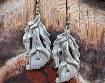 Vintage Pewter Iris Flower Dangles 1970s Art Nouveau Style Jewelry, Big Sculptural