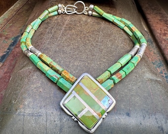 Santo Domingo Pueblo Nestoria Coriz Inlay Pendant Choker Necklace 14.75", Green Stone