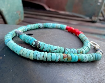 Vintage Blue Turquoise & Coral Heishi Bead Necklace w/ Toggle Closure, Southwestern Jewelry