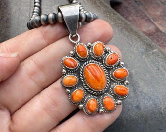 Southwestern Orange Spiny Oyster Sterling Silver Pendant, Optional Navajo Pearls 20.5"