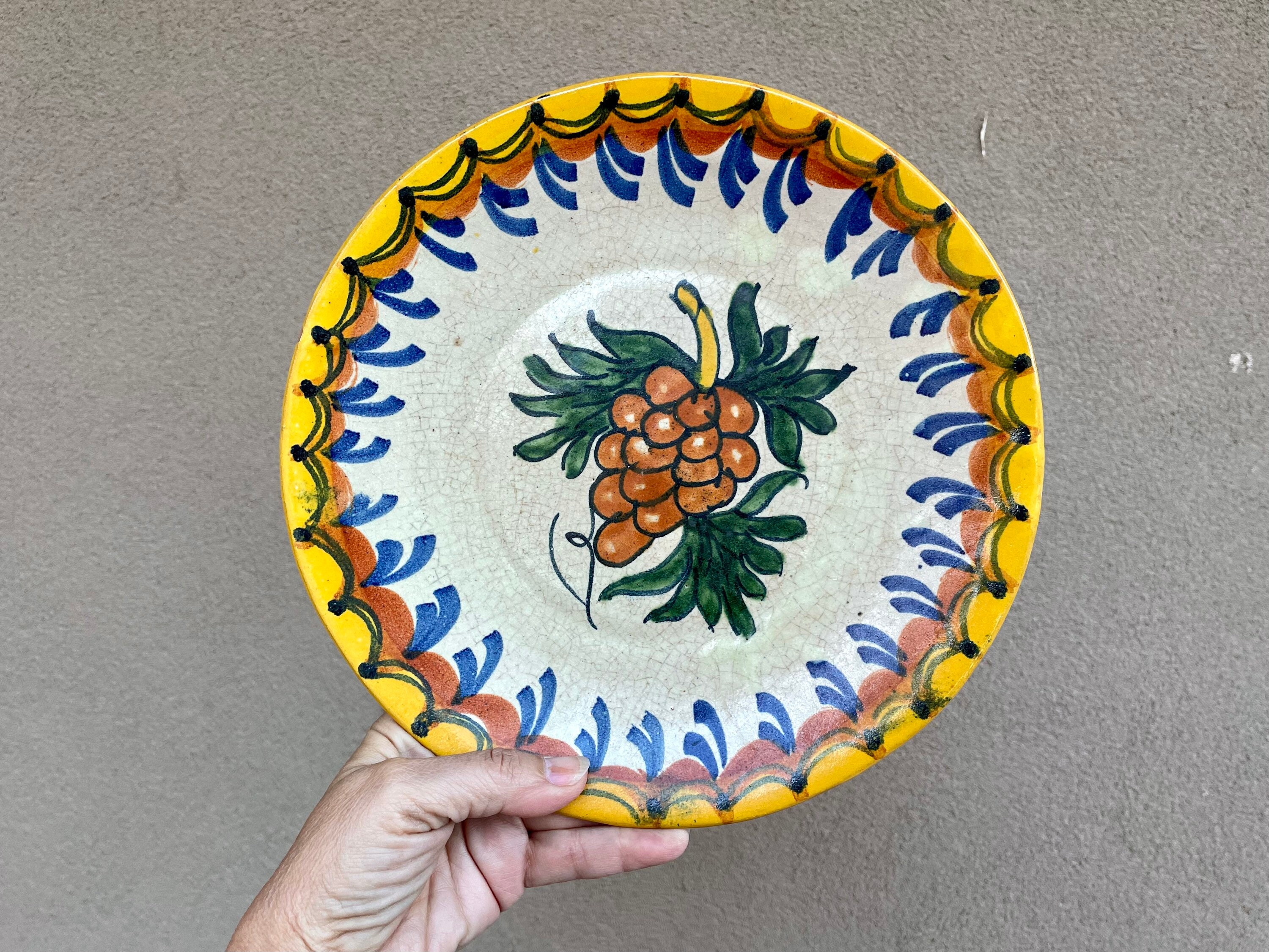 Vintage Mexican Pottery Plate Wall Hanging w/ Grape Design Approx 9.5
