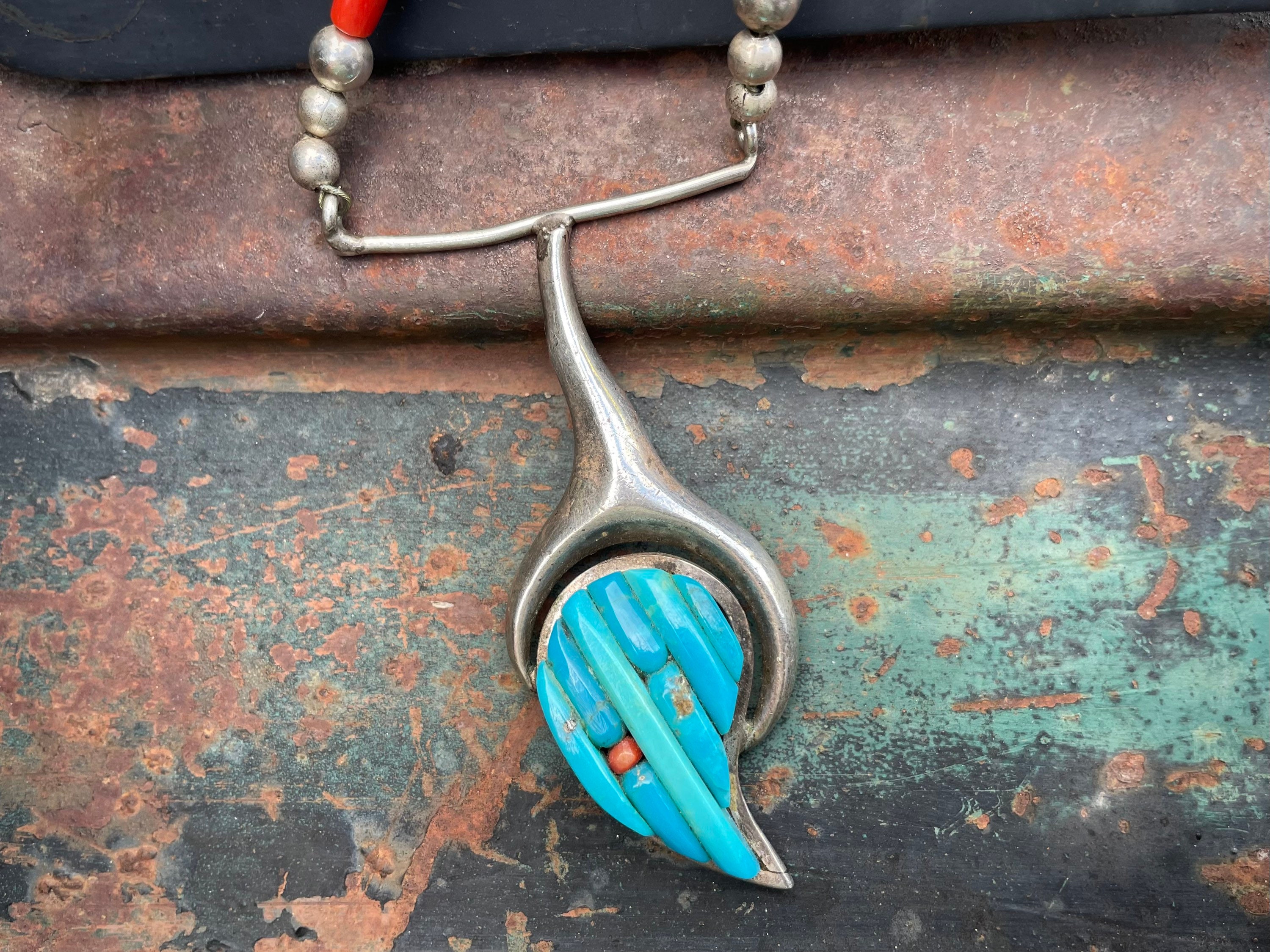 Navajo Pete Sierra Cornrow Inlay Turquoise Pendant Necklace for