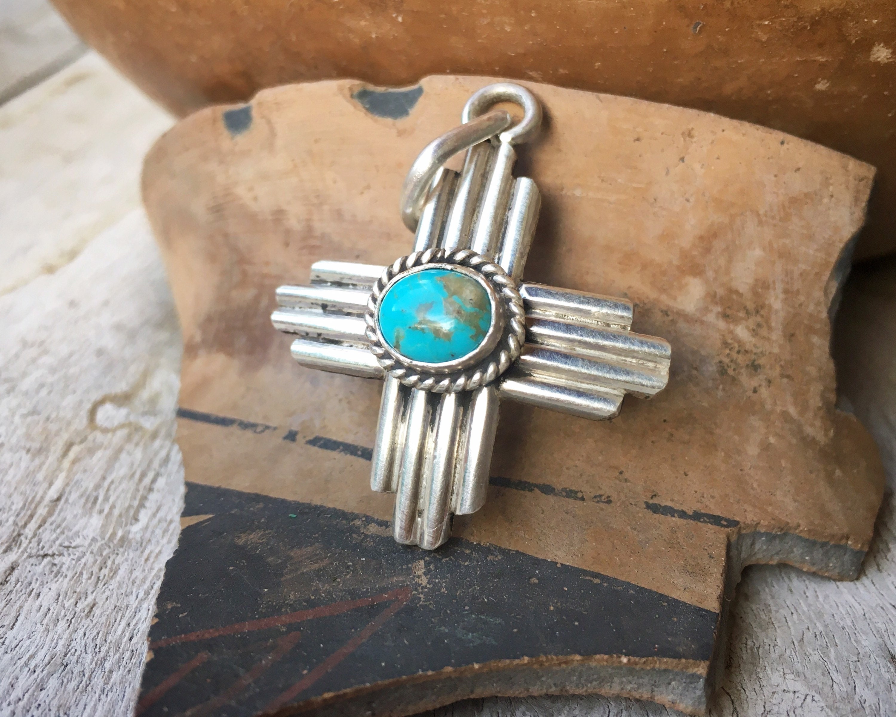 Zia Symbol Pendant with Golden Hill Turquoise – Sterling Silver – Native Made by KB