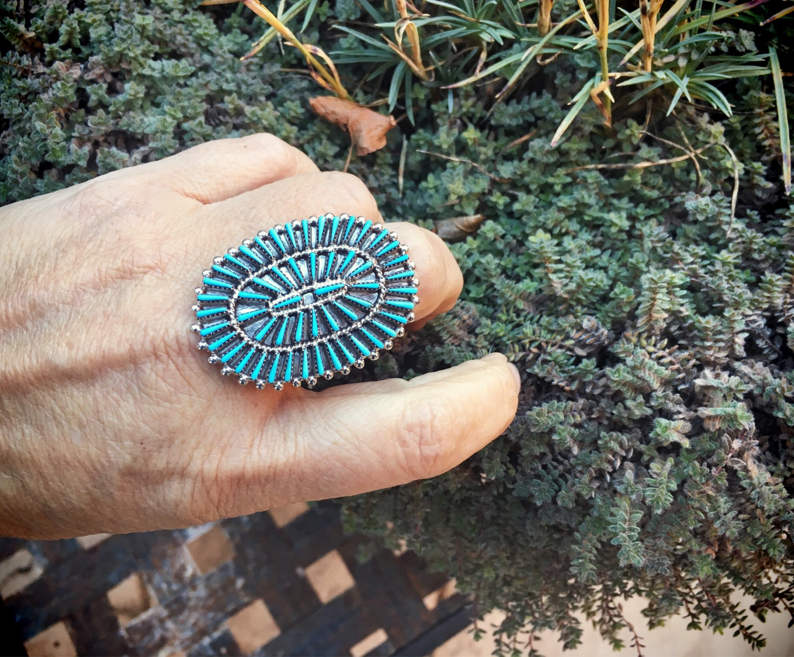 Turquoise Ring Zuni Needlepoint Cluster Ring for Women Size 8.5 Native
