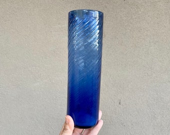 Mexican Hand-Blown Cobalt Blue Glass Vase Tall Narrow, Made by Camilo Avalos, Southwestern Decor