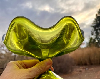 1960s Viking Glass Epic Line Six-Petal Green Compote Footed Bowl, Sculptural Candy Dish