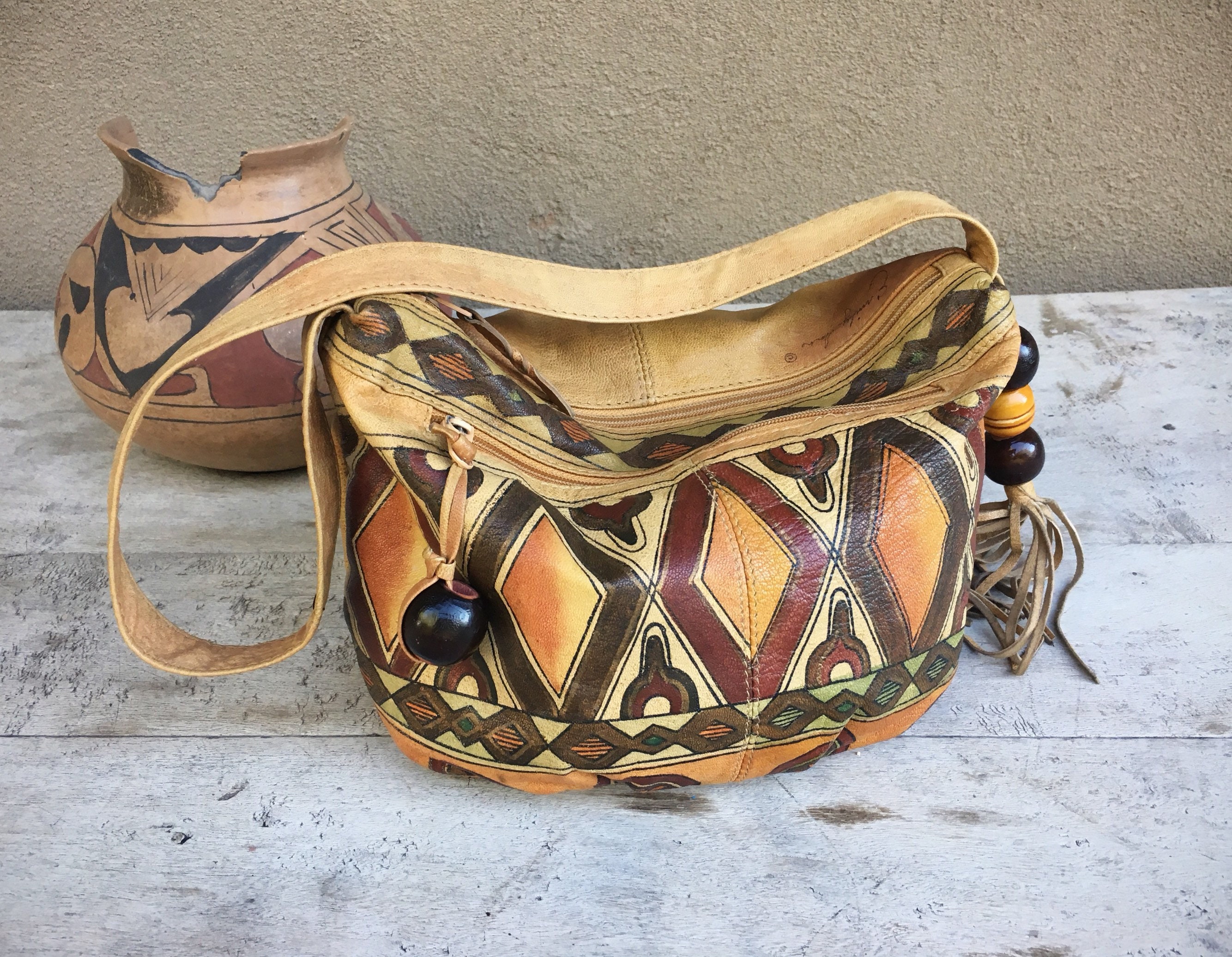 Boho Leather Fringed Bag Large Size Antique Brown Bohemian 