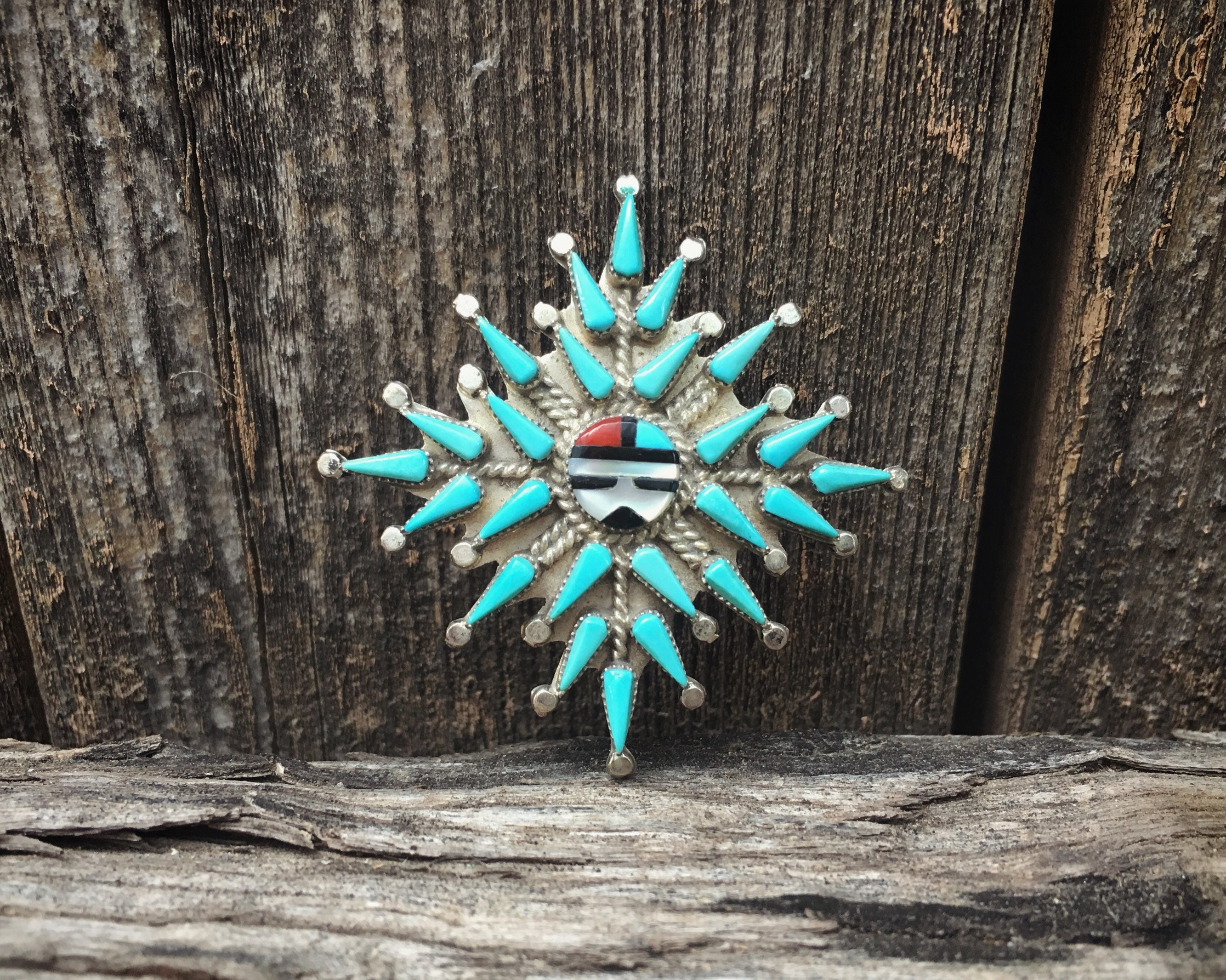 小物 ZUNA Signed Zuni Pendant Necklace Brooch with Sunface and Turquoise