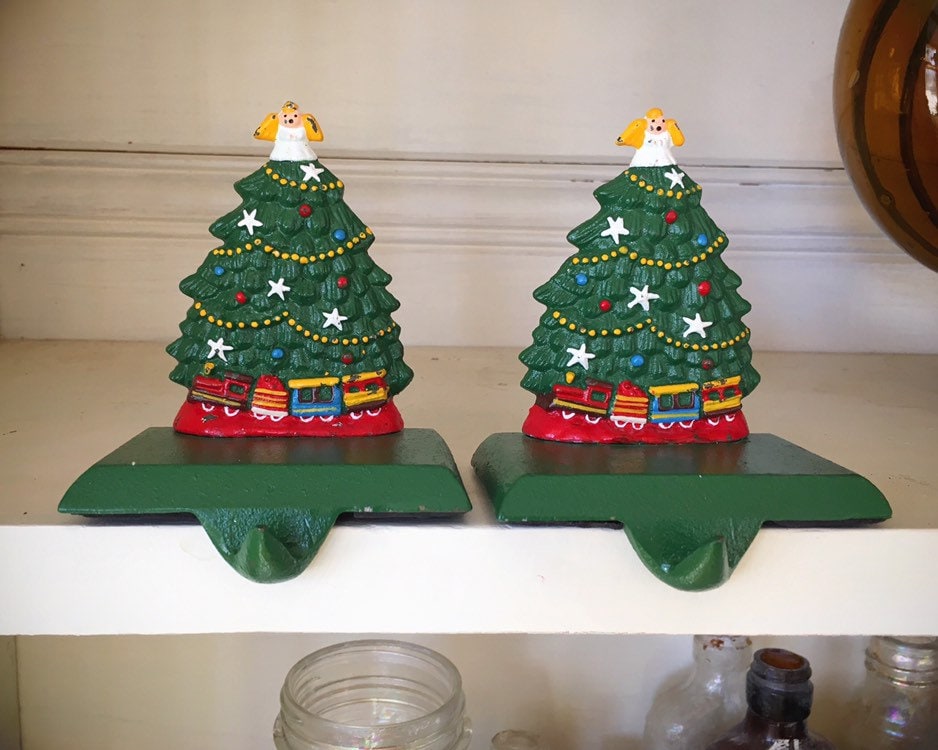 Two Cast Iron Christmas Tree Stocking Holder For Mantle