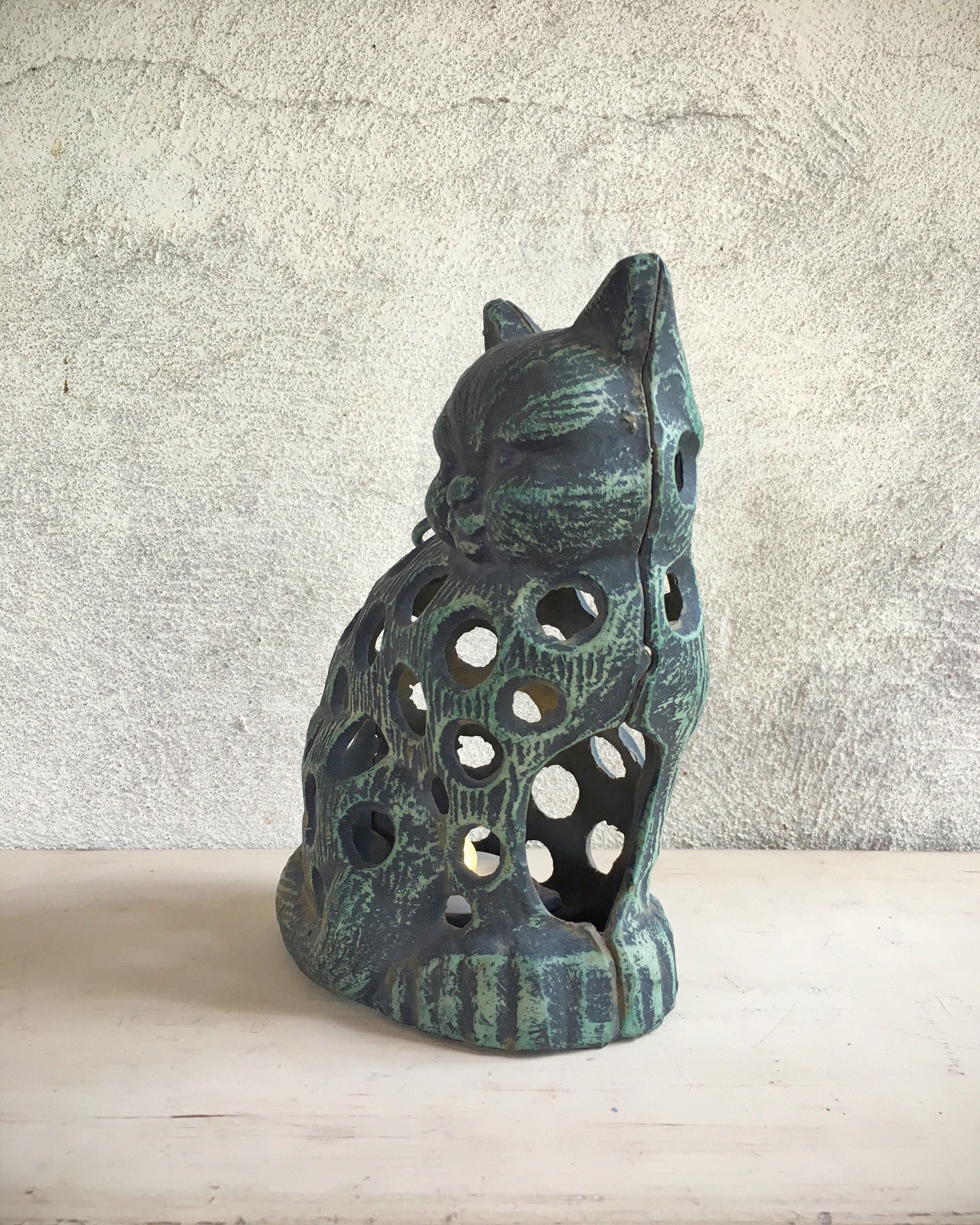 Vintage Cast Iron Cat Candle Holder Lantern Garden Decor Cat Door