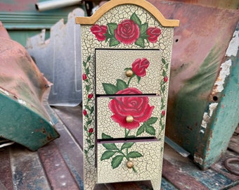 Vintage Hand-Painted Wood Miniature Chest of Drawers Trinket Box, Crackled Style Paint with Rose Design, Cottage Decor for Bedroom Vanity