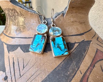 Vintage Sterling Silver Turquoise & Aquamarine Earrings, Open Back, Rustic Silverwork