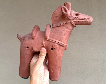 Vintage Haniwa Warrior's Horse Unglazed Terracotta Clay Statue, Heavy Over 6 Pounds, 10.5" Tall