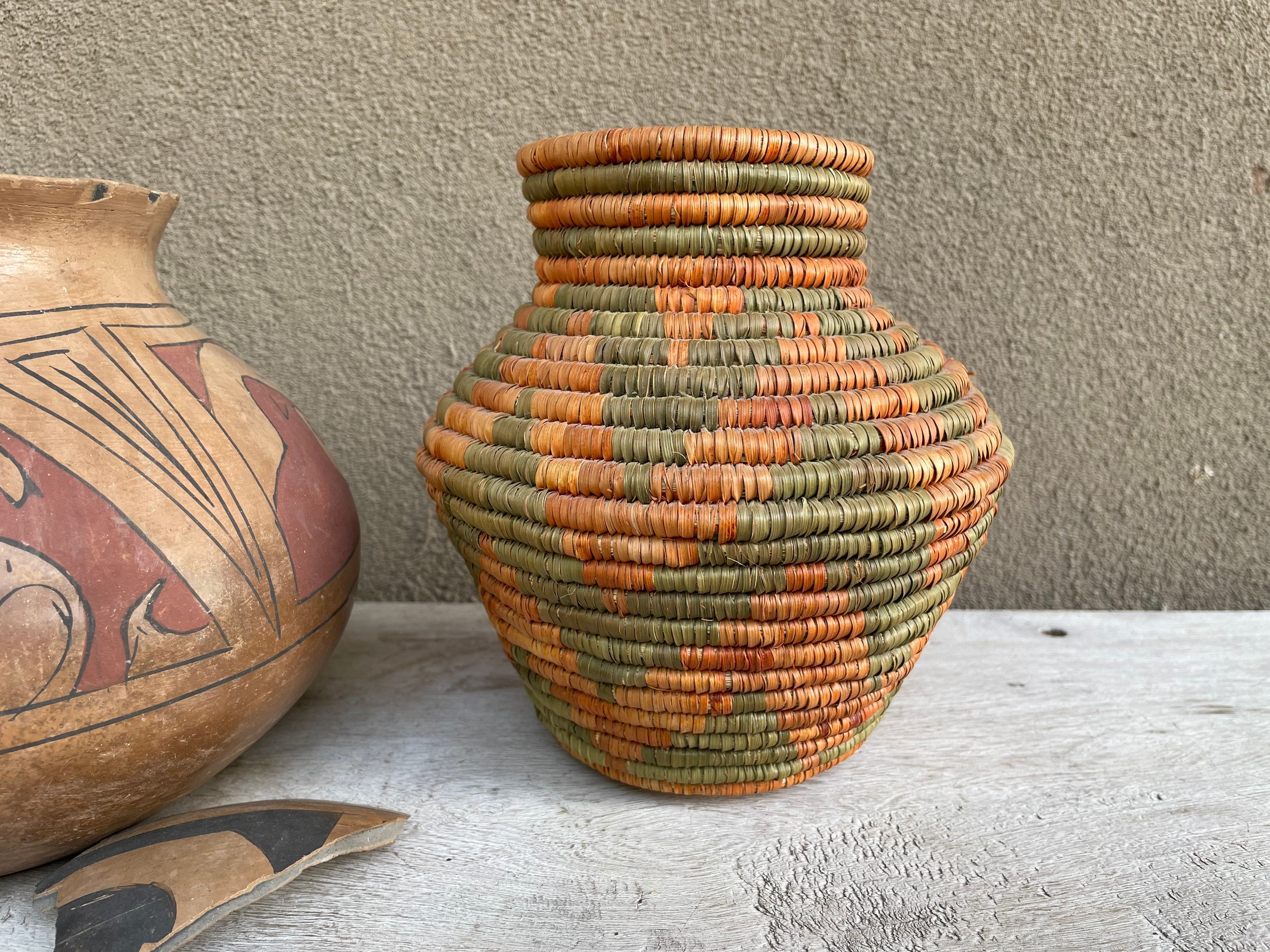 Medium Small Vintage Coiled Basket Vase or Pot in Rust Earthtone Colors