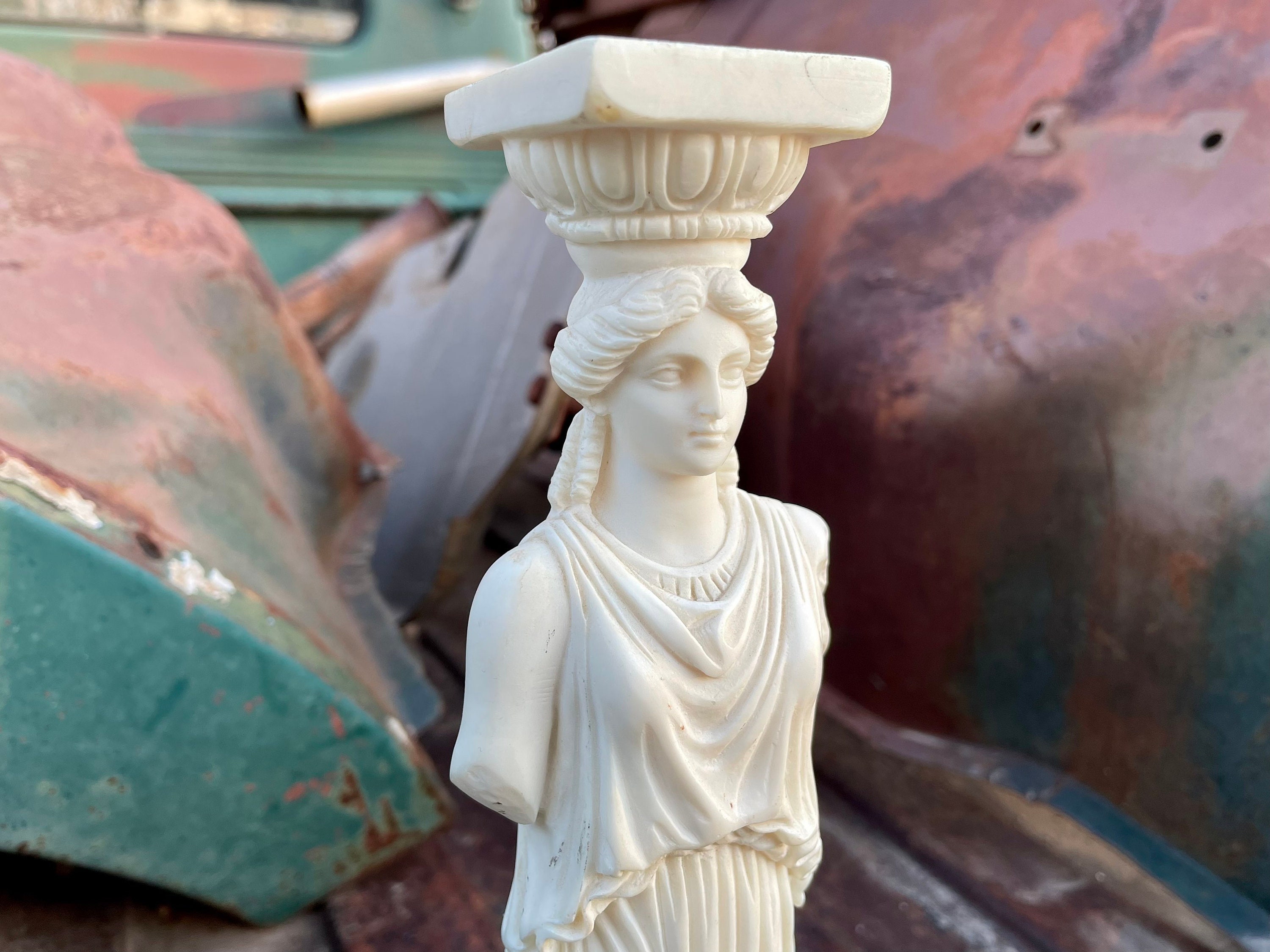 Vintage Kapyatie Sculpture of Classic Column Goddess Made in Greece, Caryatid Pillar Alabaster