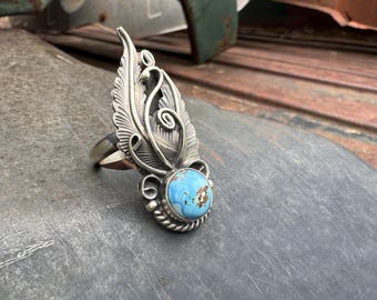 Navajo Johnny Lee Turquoise Ring Size 7.5 (Slightly Adj), Golden Hills, Sterling Silver Leaf