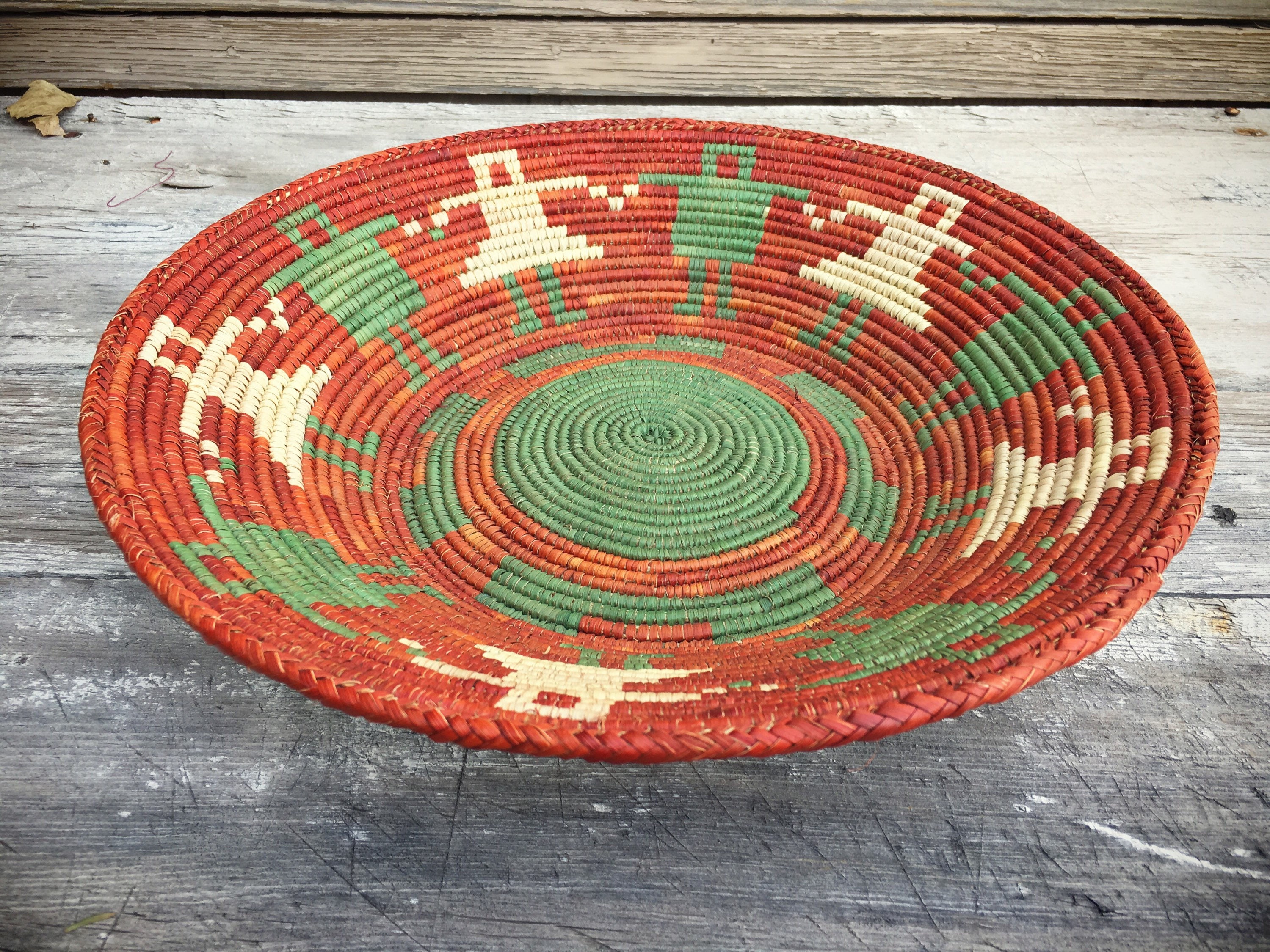 Shallow Woven Basket Rust and Green Bohemian Decor, Southwestern Decor