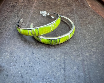Green Gaspeite Channel Inlay Earrings Half Hoop Posts, Southwestern Style