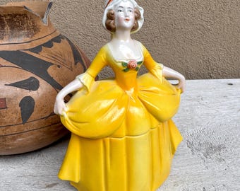 Vintage Madame Pompadour Powder Box Yellow, Two Pieces, Art Deco Era, Vanity Dresser Decor