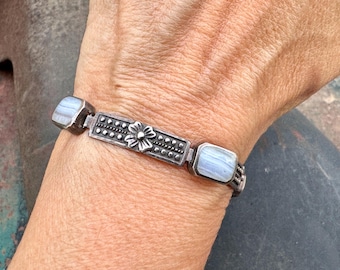 Vintage Sterling Silver Link Bracelet Banded White Chalcedony, Approx 7.5", Chain for Wrist