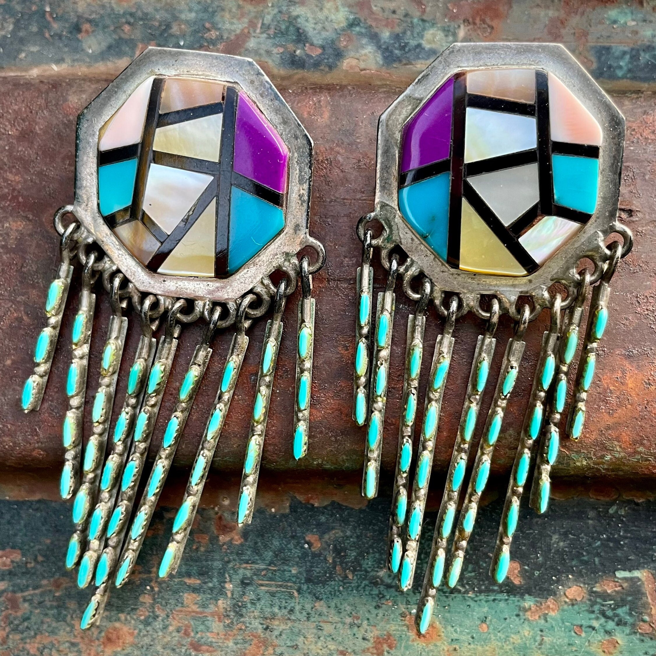 Eye Catching Vintage Native American Navajo Inlay Turquoise Red Abalone Sterling Silver Earrings Eye Catching Vintage Native American Navajo Inlay Turquoise Red Abalone Sterling Silver Earrings