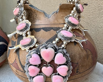 Pink Queen Conch Heart Squash Blossom Necklace & Earrings by Navajo Vernon Kee Johnson
