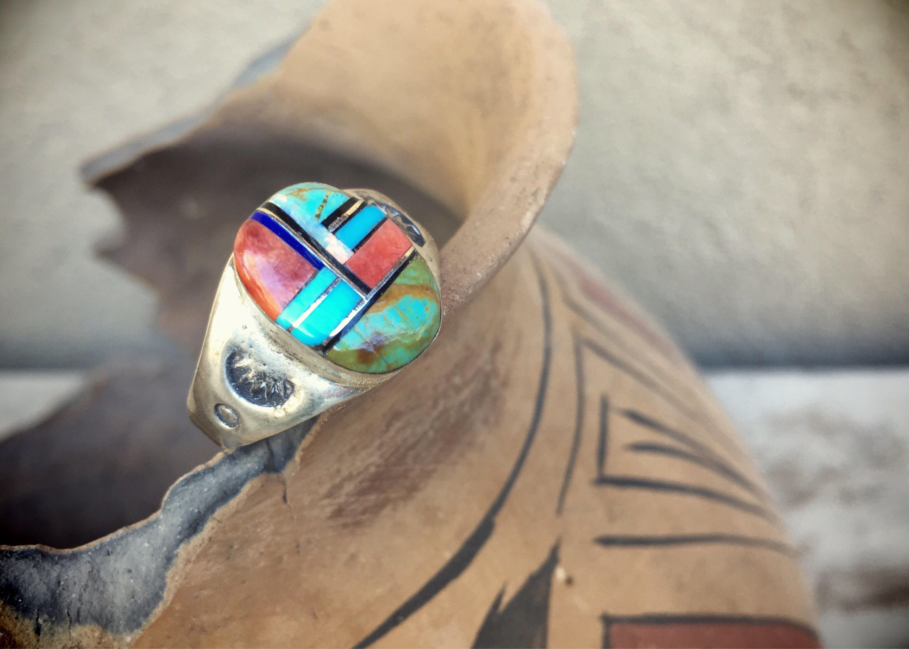 Turquoise Ring Multi Stone Channel Inlay Men's Size 12, Native American