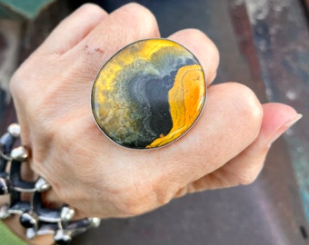 Large Golden Yellow Gray Bumblebee Jasper Ring Size 11.25, Roundish Oval Shape, Signed Navajo Native American Indian Jewelry, Spring Summer