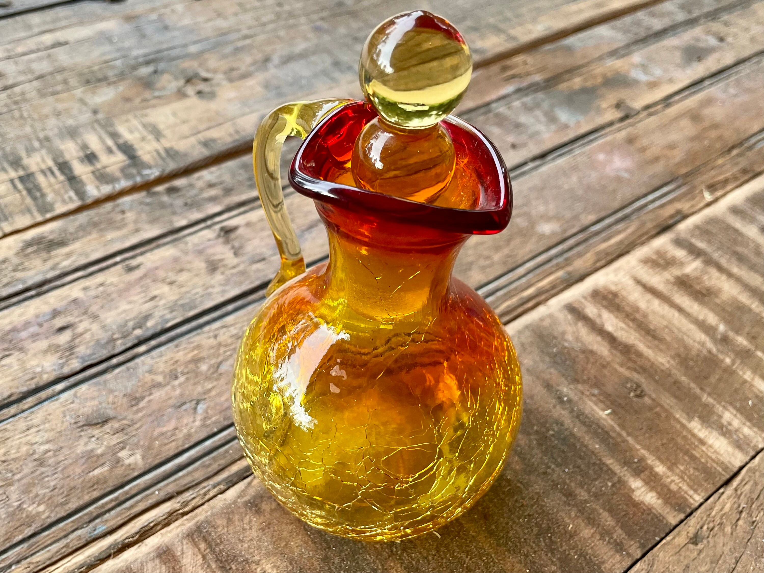 Vintage Amberina Crackle Glass Cruet with Stopper, Yellow to Orange Art