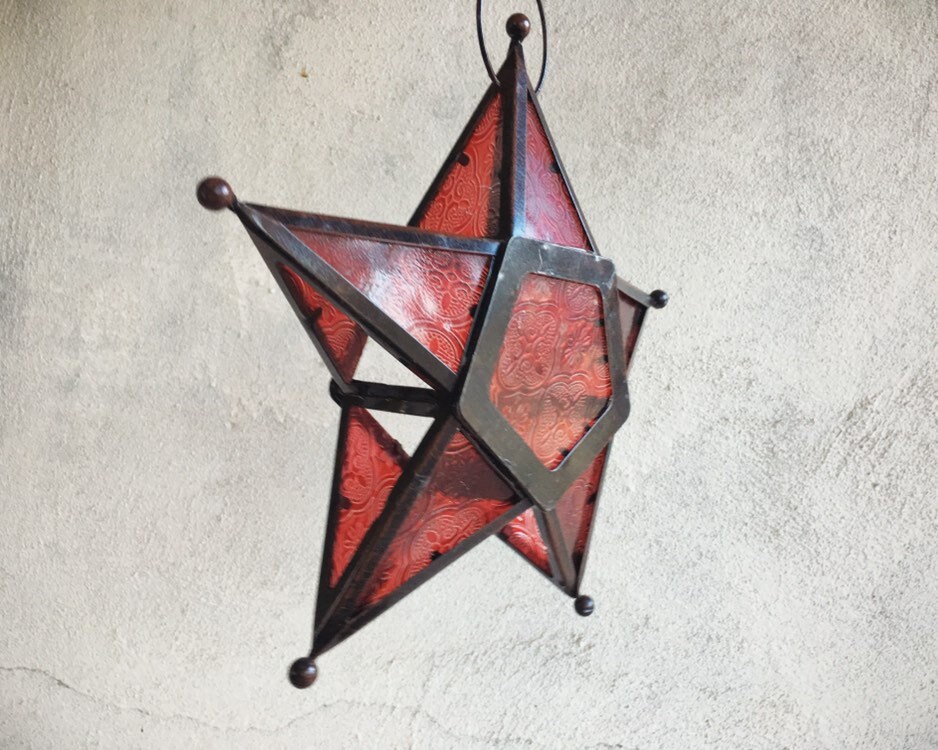 Vintage Metal and Pressed Red Glass Star Candle Holder, Hanging Moroccan Star Candle Lantern