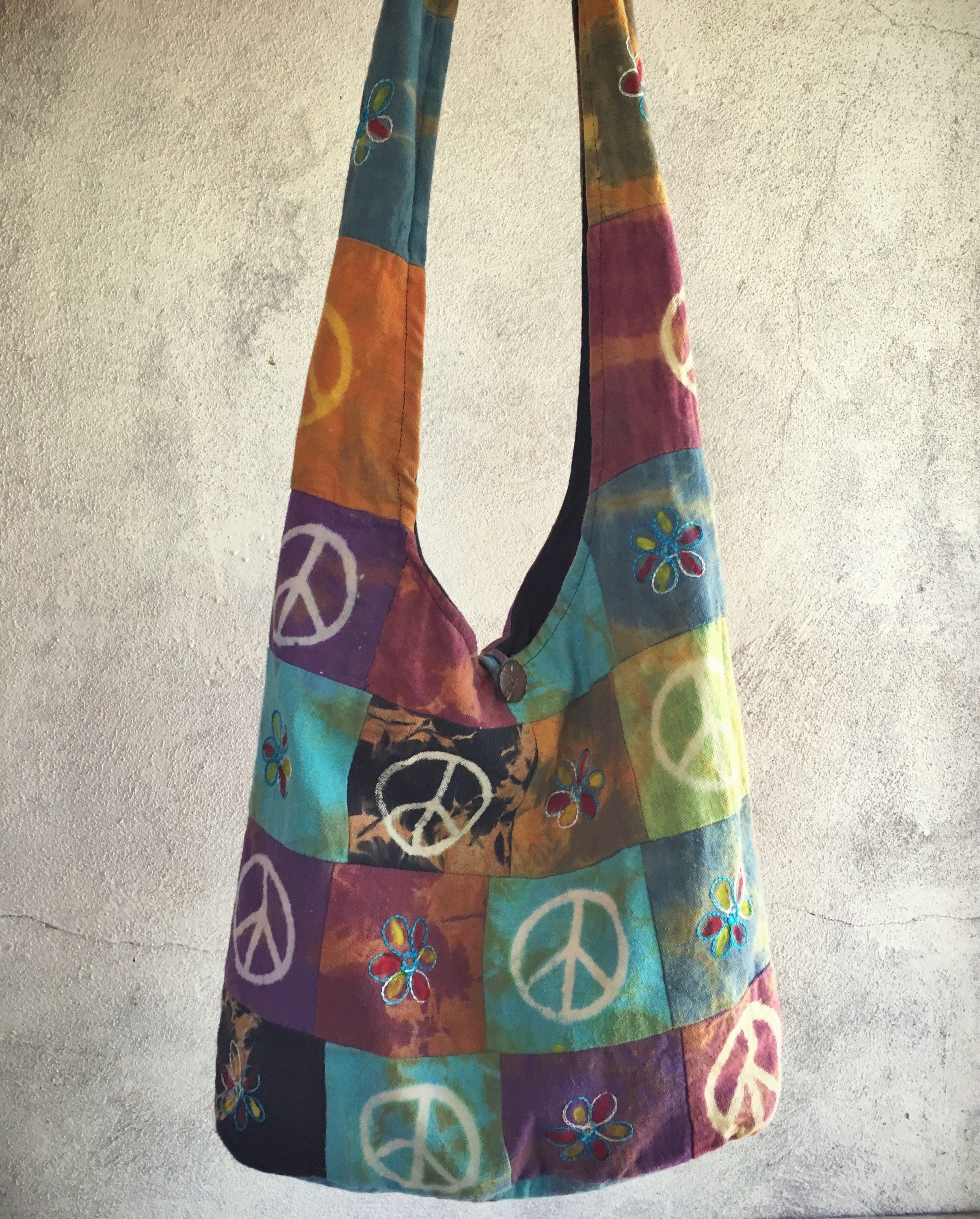 Vintage peace sign shoulder bag in turquoise purple ethnic cross body