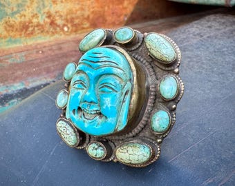 Big Buddha Face Ring Carved Resin Turquoise Color Brass Bezel ADJ, Tibetan Jewelry