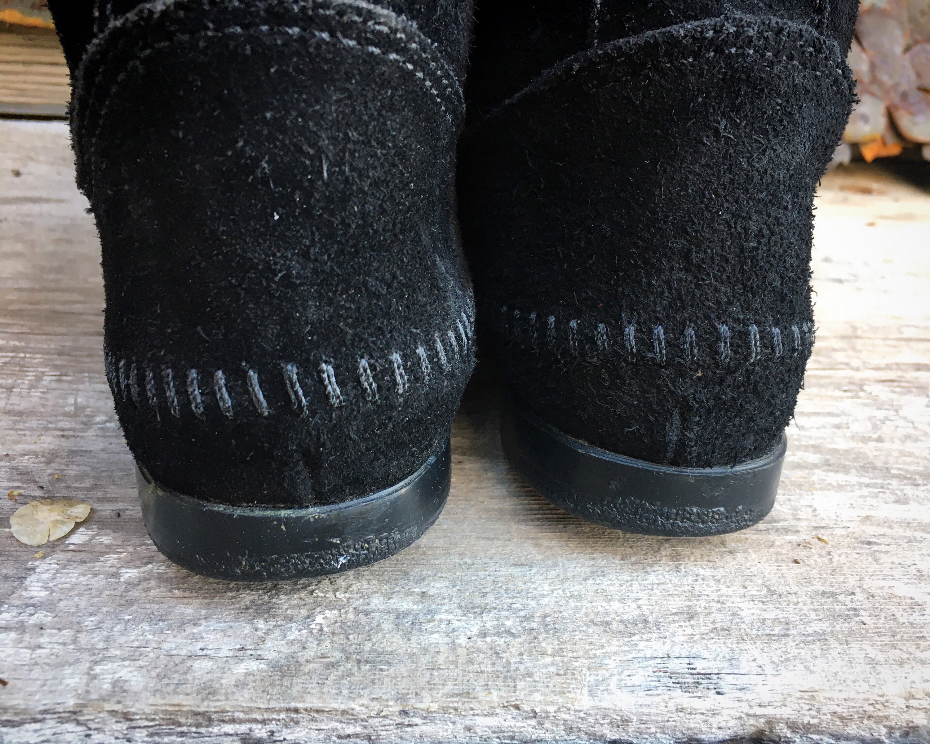 Women's Tall Moccasin Boots Black Suede Leather with Fringe Beads ...