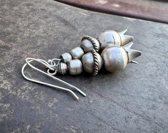 Sterling Silver Pomegranate or Squash Blossom Dangle Earrings, Southwestern Jewelry
