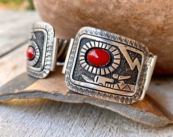 Vintage Coral and Sterling Silver Overlay Watch Band by Navajo Jerome Begay, Snap-O-Mat Made in USA Stretch Band, Native American Made Tips