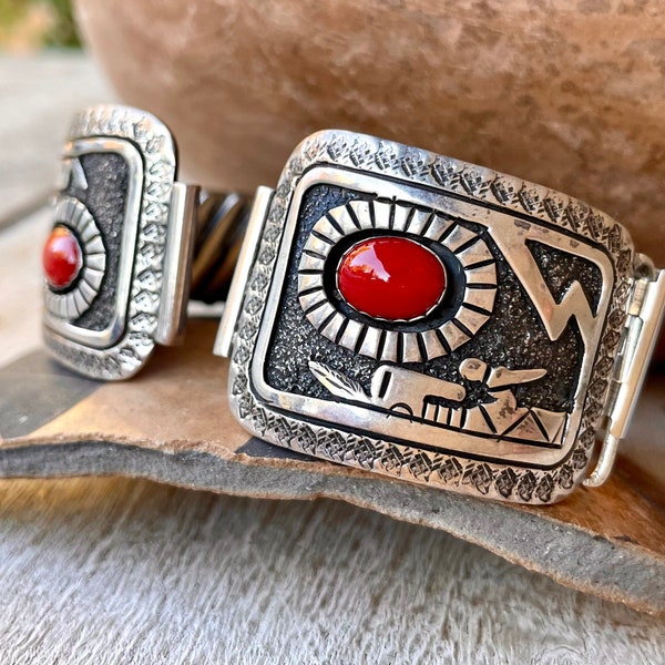 Vintage Coral and Sterling Silver Overlay Watch Band by Navajo Jerome Begay, Snap-O-Mat Made in USA Stretch Band, Native American Made Tips