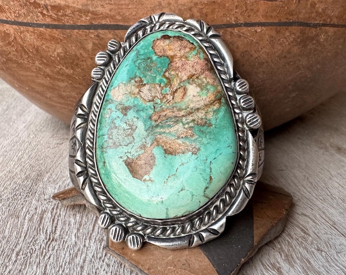 Featured listing image: Vintage Large Turquoise Cuff Bracelet Size 6 Small Wrist, 80g Split Wire Shank, Old Pawn