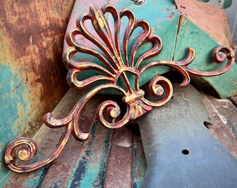 Large Metal Pediment Architectural Salvage Painted Red Gold Approx 22”, Outdoor Garden Decor