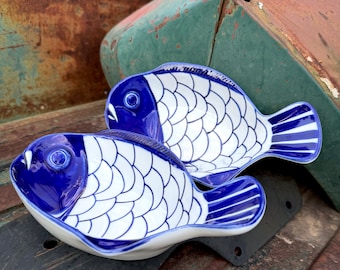 Two Vintage Dansk Arabesque Ceramic Fish Bowls or Deep Plates Blue White 9.5", Danish Modern