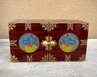 Medium Small Vintage Chinese Puzzle Box of Wood and Brass Metal, Four Drawer Storage for Jewelry