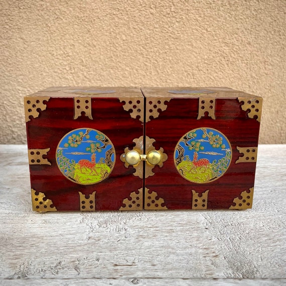 Moyenne petite boîte de puzzle chinoise vintage en bois et métal laiton,  rangement à quatre tiroirs pour bagues et bracelets, décor de vanité de  chambre Boho -  France