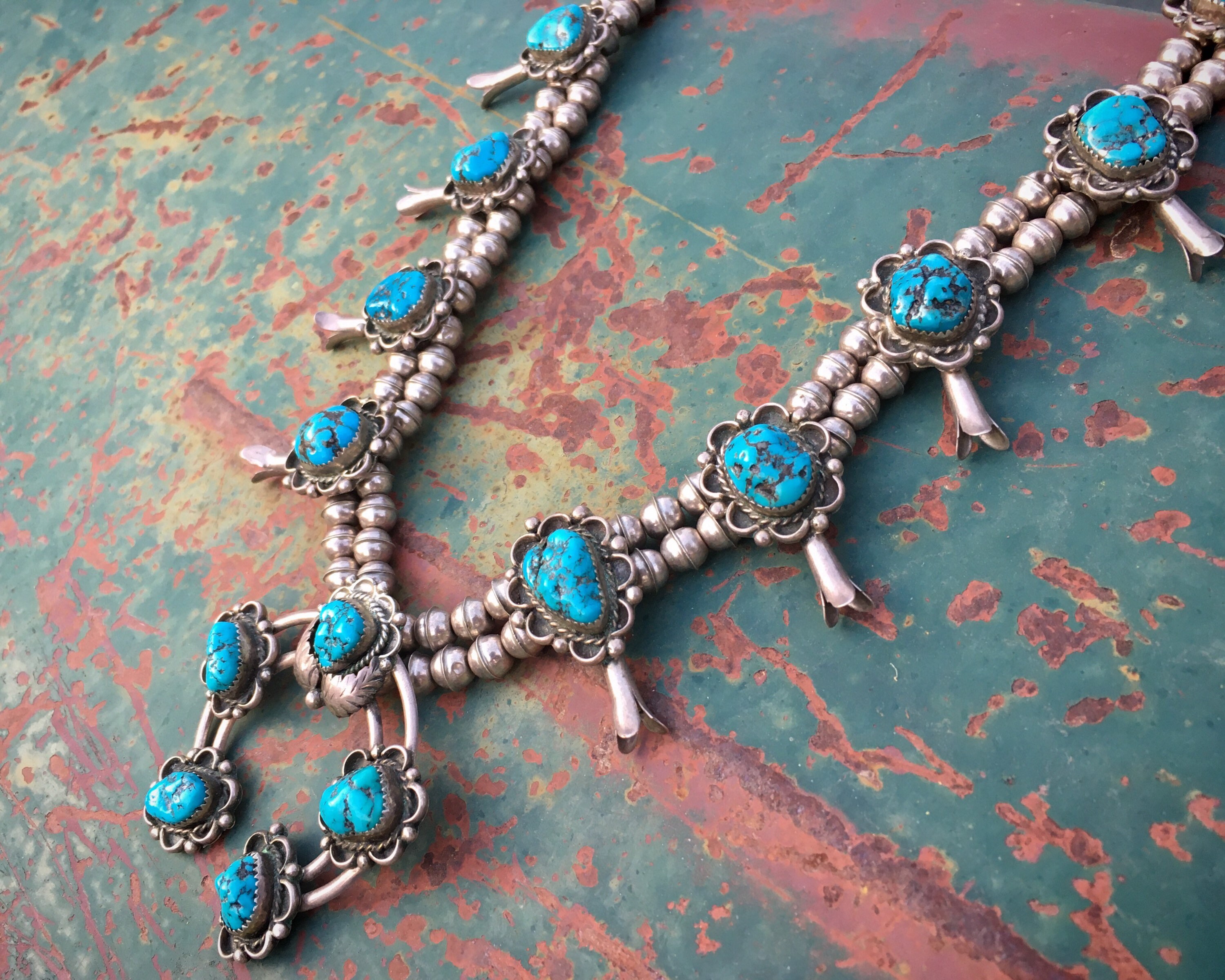 Small 132gm Vintage Turquoise Squash Blossom Necklace Unisex, Native