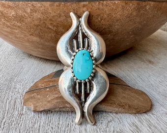 Large Vintage Sterling Silver Sandcast Turquoise Ring Size 10 (Adj) by Hopi Frank Lahaleon