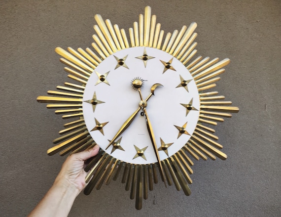 Mid Century Wall Clock Gold Metal Starburst Celestial Design Etsy