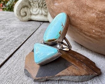 Pale Blue Turquoise Ring Approx Size 8 Two Stone Style, Signed Native American Jewelry