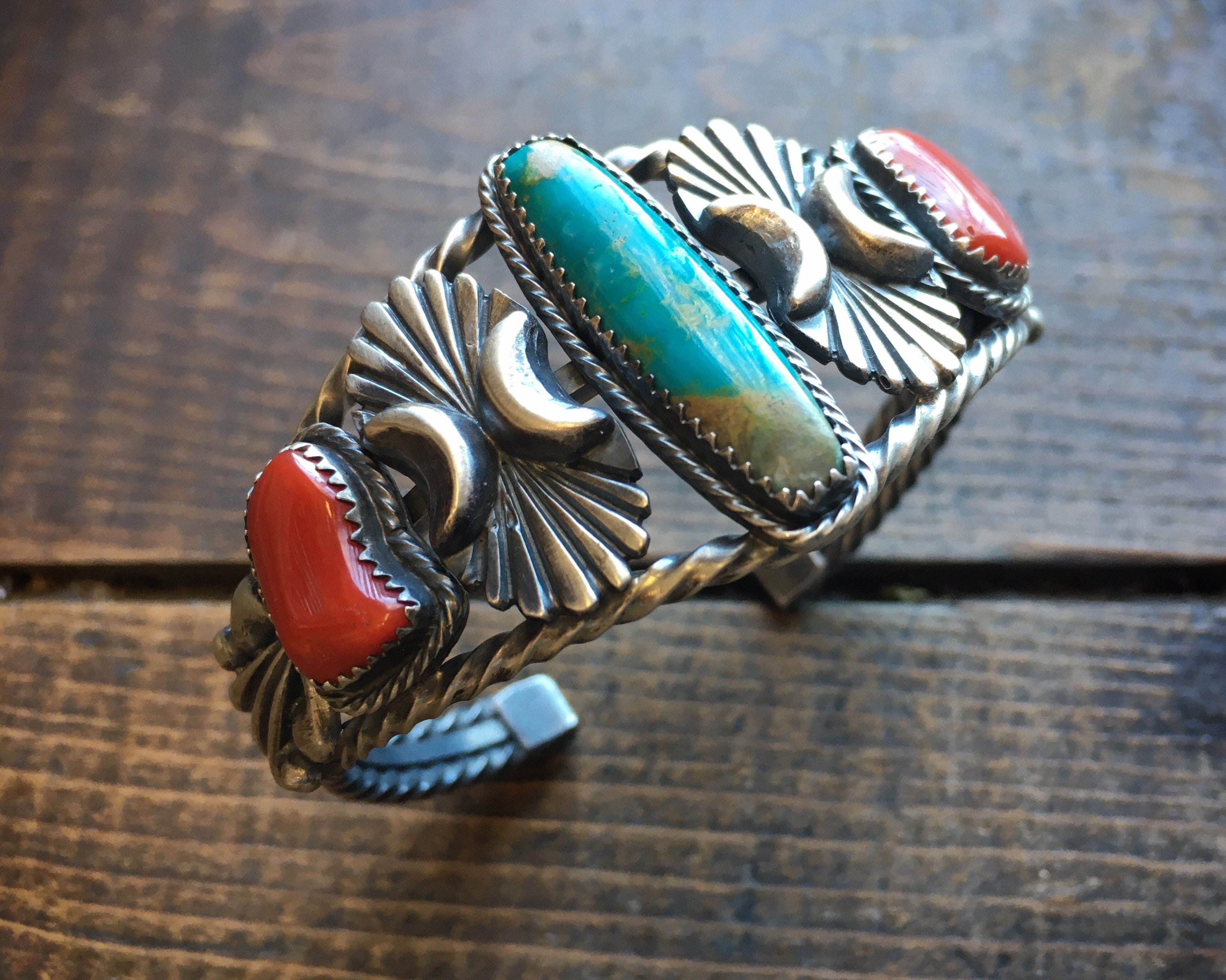 Turquoise and Coral Cuff Bracelet Sterling Silver, Native American Indian Jewelry