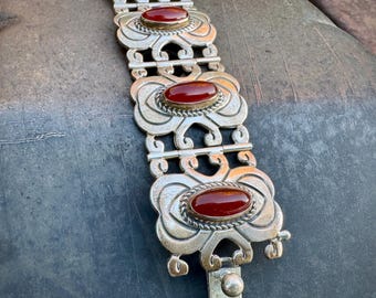 Vintage Carnelian Sterling Silver Mexican Panel Bracelet Approx 7.5", Link Cuff Bangle