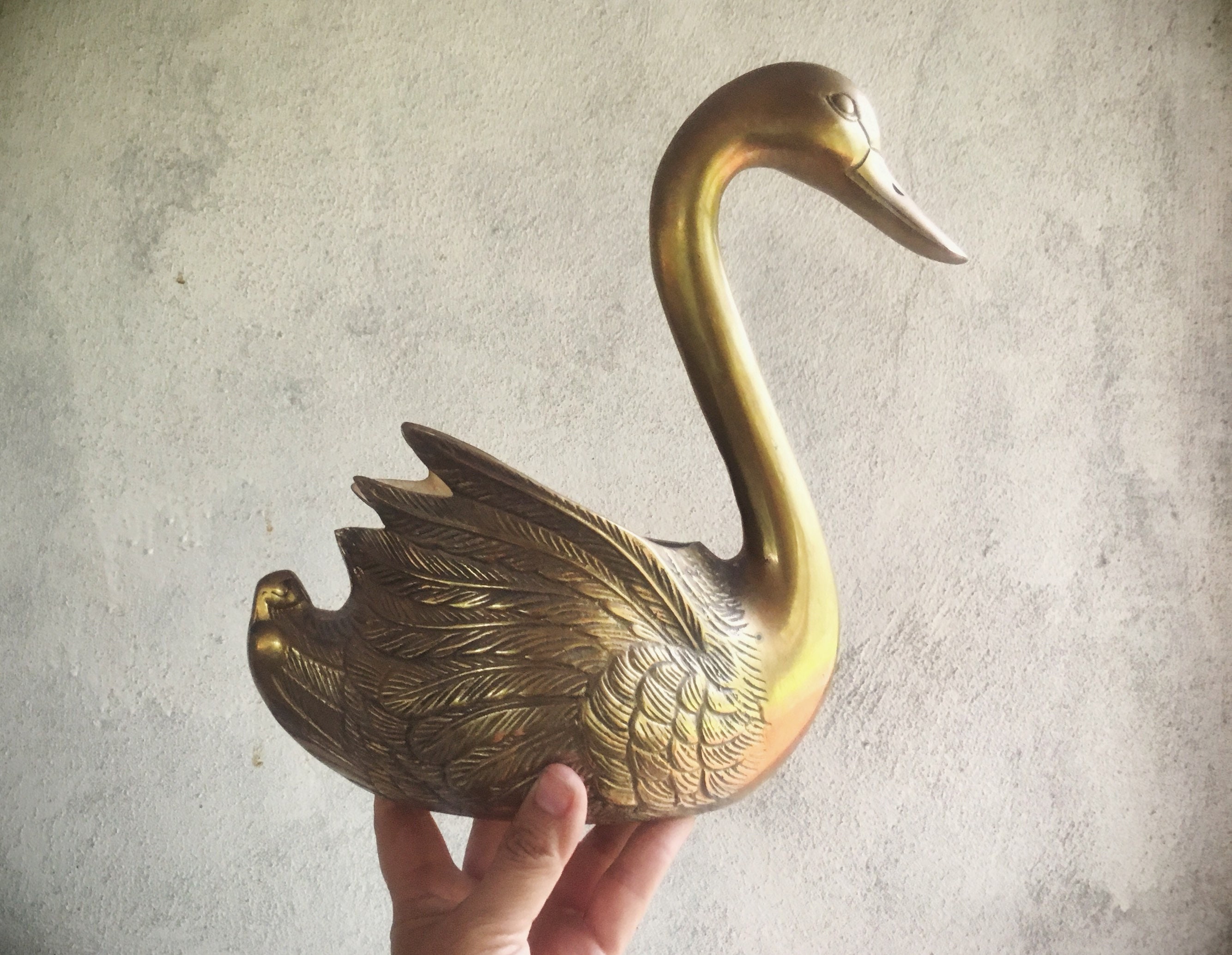 Large 10.5 Tall Brass Swan Statue Indoor Planter, Midcentury Decor