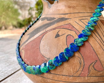 Vintage Blue Green Azurite Malachite Pillow Bead Necklace Approx 22", Saucer Shape, Southwestern Jewelry Native American Style, Mom Gift